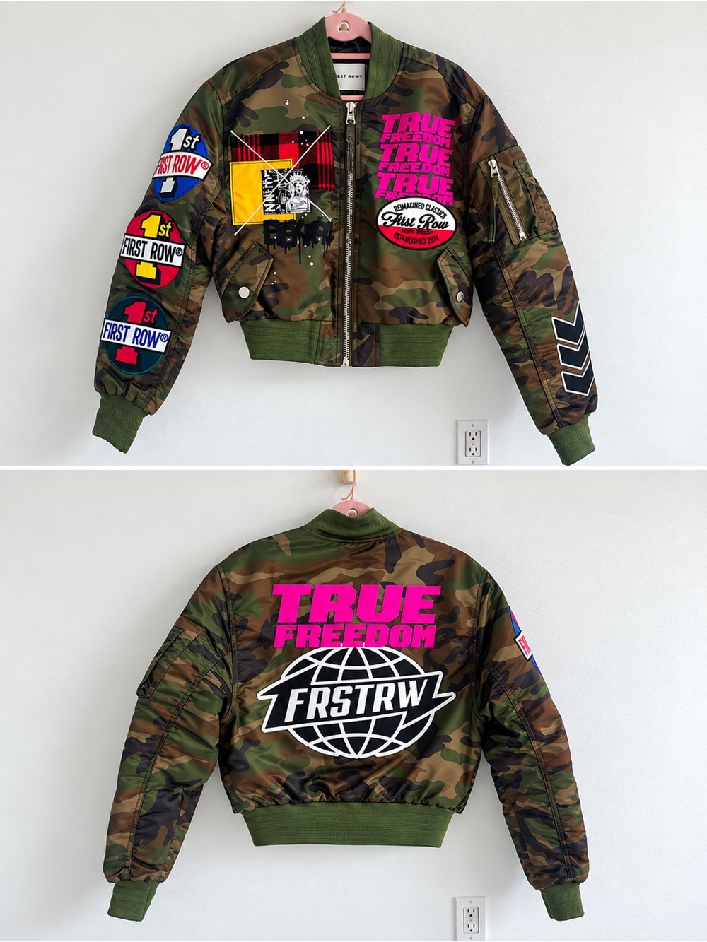 Cropped Camo Varsity Jacket with Graphic Patches - True Freedom